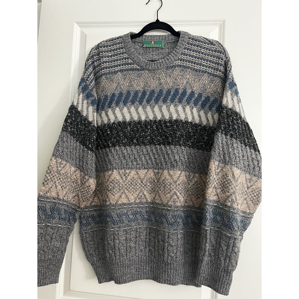 Very rare Vintage Montagut Sweater Mens Large Gray Pattern Knit Made in Italy